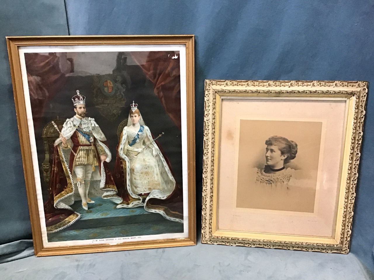 A 1911 framed coloured print of George V & Queen Mary, gilt framed; and an Edwardian photograph of a