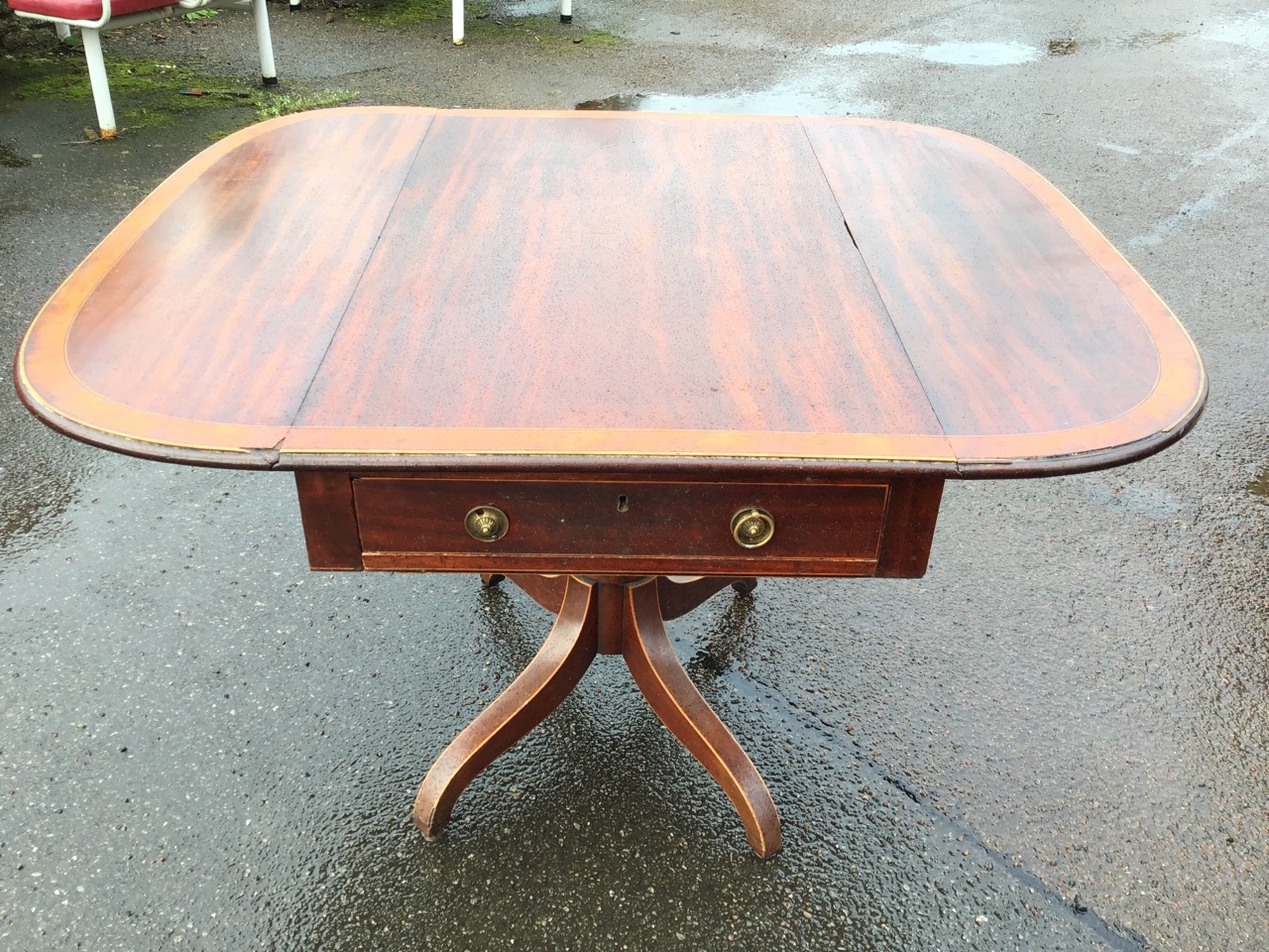 A regency mahogany pembroke table with rounded rectangular satinwood crossbanded top having two - Image 2 of 3