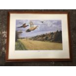 Andrew Ellis, coloured print, pheasants in flight over stubble field, titled Charlies firs drive,
