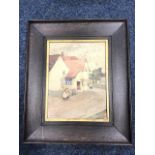 Samuel Lamorna Birch, watercolour, white cottage with figures on street, signed & oak framed,
