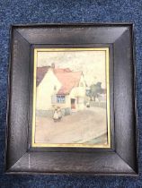 Samuel Lamorna Birch, watercolour, white cottage with figures on street, signed & oak framed,