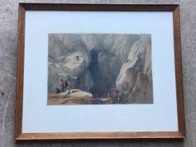 Louis Haghe, coloured lithograph, mountain landscape scene with roops protecting a caravan from