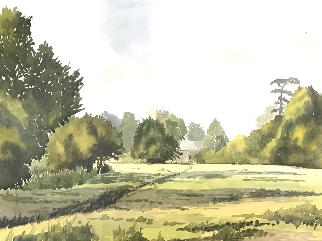 Peter Clarke, watercolour, a landscape with path leading to a church amid trees across meadows, - Image 2 of 3