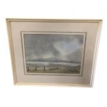 I Leeming, watercolour, landscape rain clouds over a loch, signed, dated, mounted & framed. (14.75in