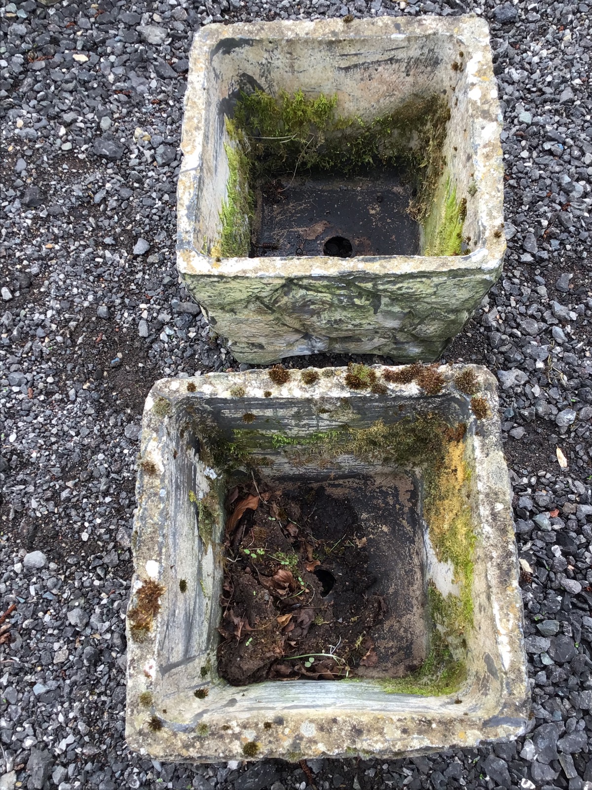 A pair of square composition stone tapering garden tubs naturalistically cast as rocks above - Image 2 of 3