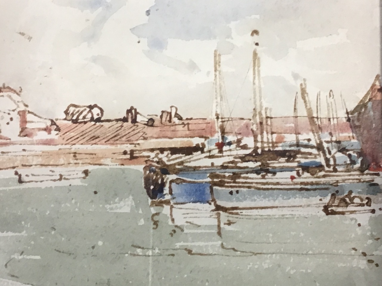 Samuel Lamorna Birch, pen & ink watercolour wash, boats by quayside on harbour, signed & inscribed - Image 3 of 3
