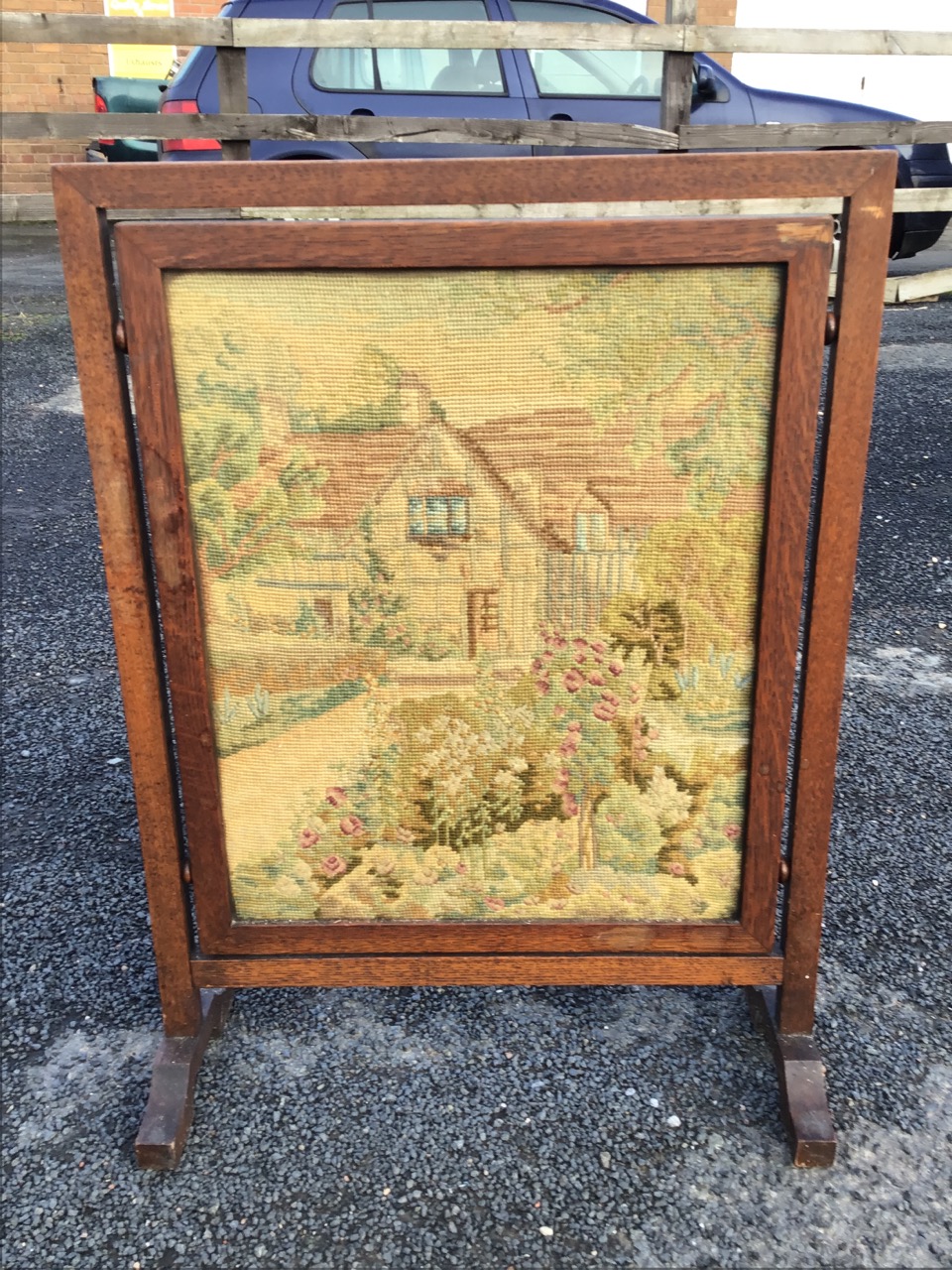 A rectangular oak firescreen with woolwork cottage garden panel - Made by Disabled Exservicemen at - Image 2 of 3