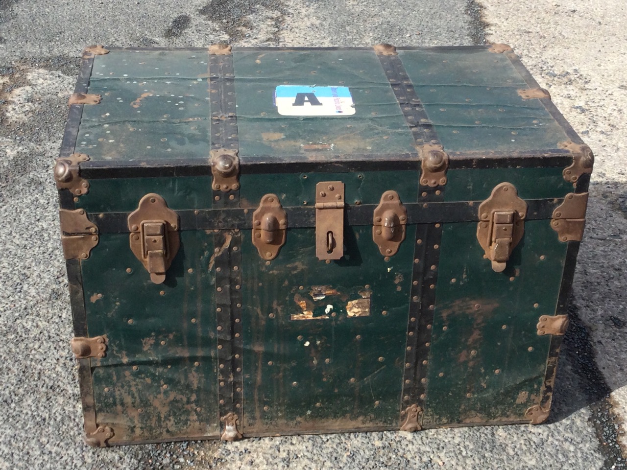 A rectangular American cabin trunk with metal covering and iron studded mounts, with Orient & - Image 2 of 3