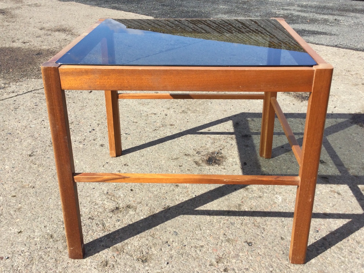 A 70s square mahogany coffee table with smoked glass top raised on chamfered and grooved square legs - Image 3 of 3