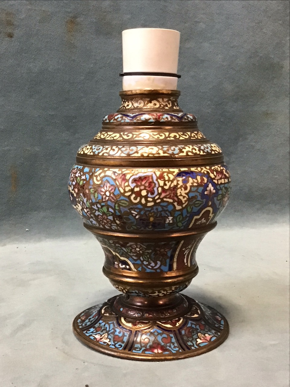 A French brass champlevé enamel baluster tablelamp base decorated allover with moorish style - Image 3 of 3
