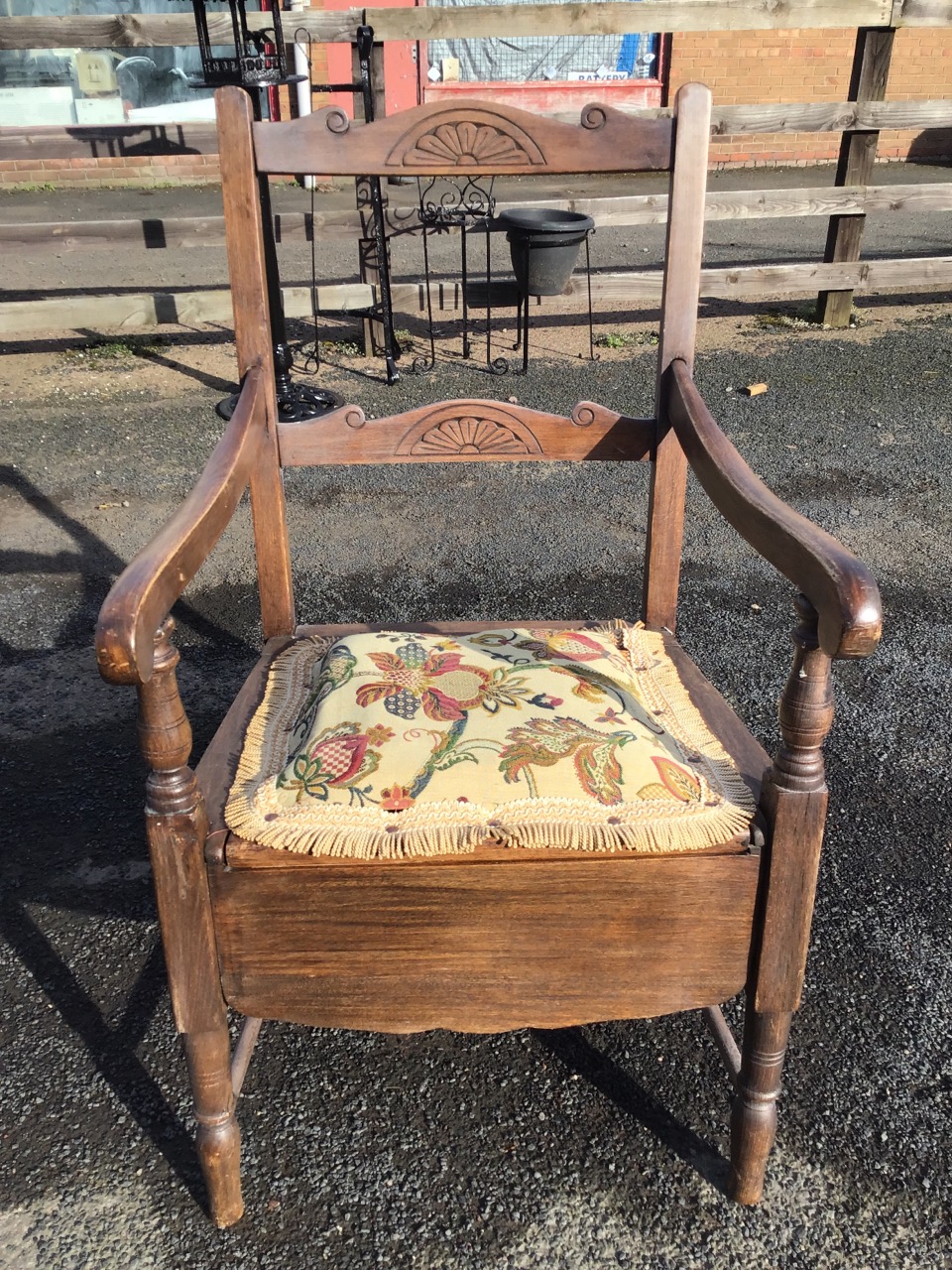 An Edwardian hardwood armchair with shaped fan carved rails to back above an upholstered commode - Image 2 of 3