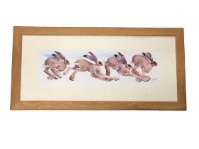 Mary Ann Rogers, coloured print, four hares in running poses, titled March Hares, signed,