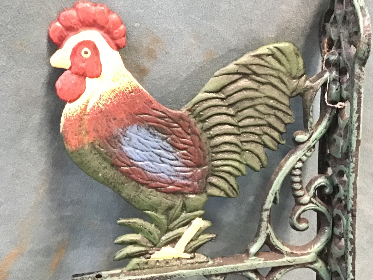 A cast iron wall bell with pierced scrolled pierced bracket surmounted by a cockerel, supporting a - Image 3 of 3