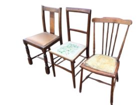 A 30s oak chair with drop-in upholstered seat; an Edwardian mahogany bedroom chair with woolwork