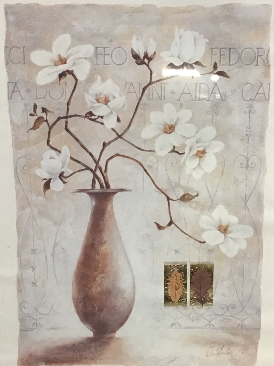 Coloured lithograph, magnolia in a vase with opera titles and metallic leaf details, indistinctly