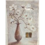 Coloured lithograph, magnolia in a vase with opera titles and metallic leaf details, indistinctly