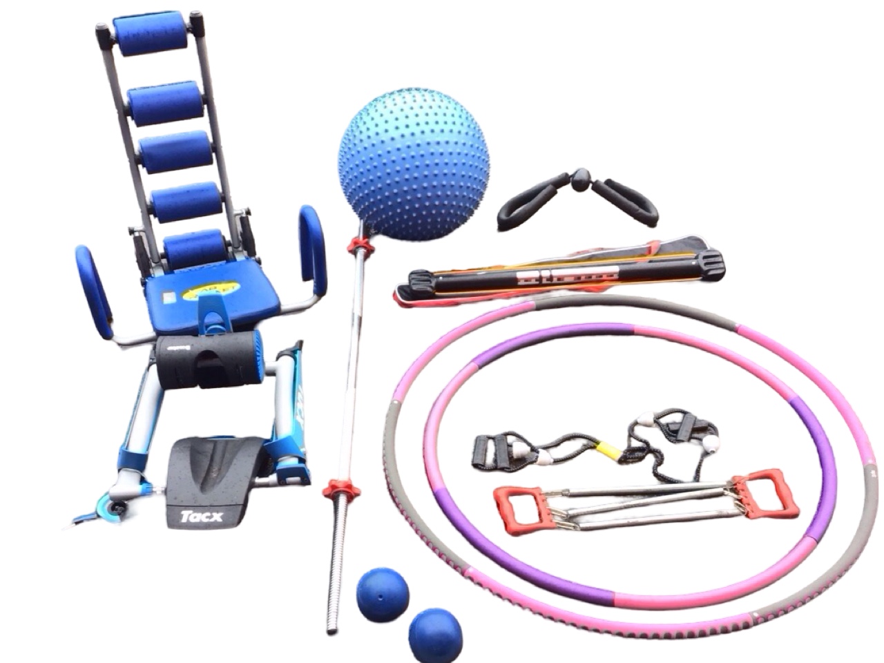 Miscellaneous exercise equipment - a massage gym ball, a bullworker, an Ab Rocket abdominal exercise