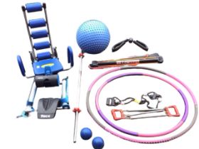 Miscellaneous exercise equipment - a massage gym ball, a bullworker, an Ab Rocket abdominal exercise