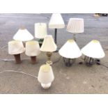 Miscellaneous tablelamps with shades - a pair with cane style bases, a pair wirework, an