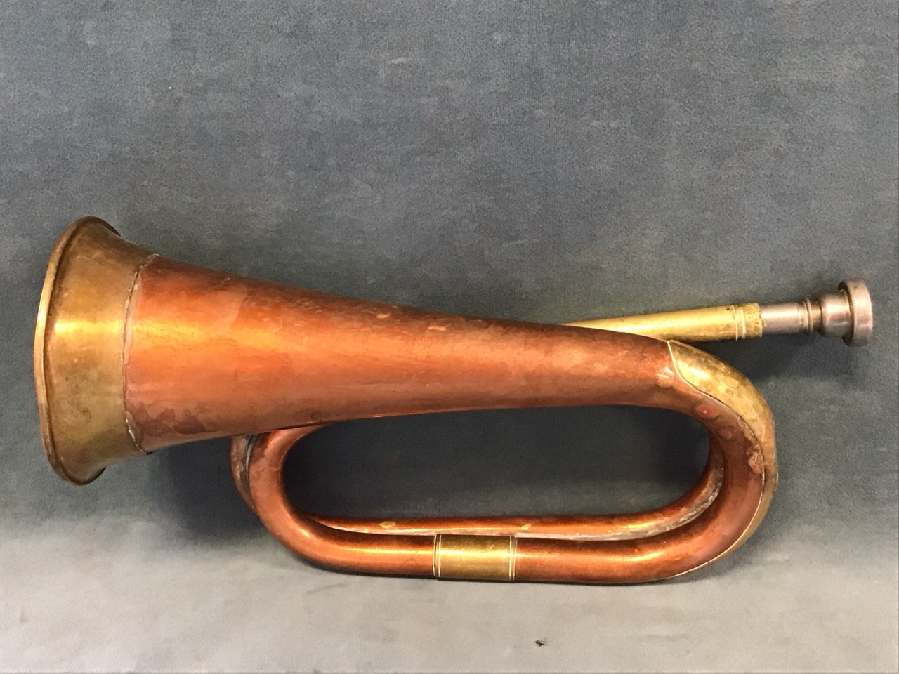 A brass valveless trumpet - 19.25in; and a copper & brass bugle - 12in. (2) - Image 3 of 3
