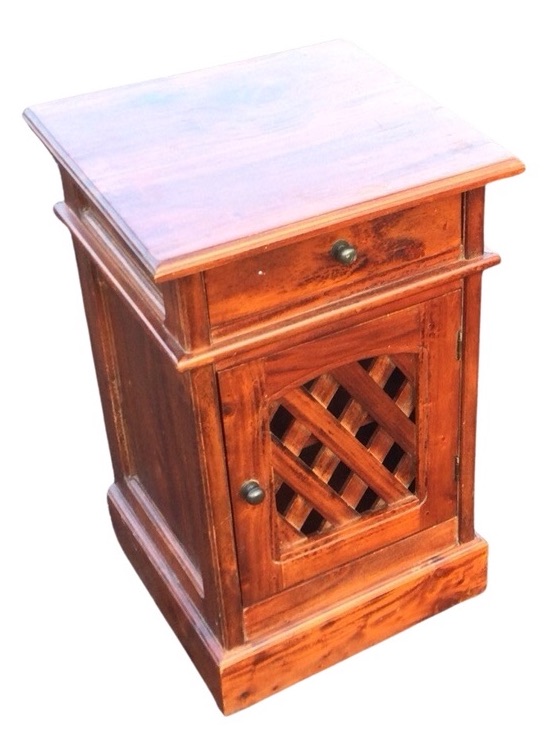 A mahogany bedside cabinet, the moulded rectangular top above a frieze drawer and lattice panelled