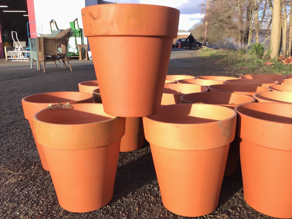 Twenty-five terracotta tapering plant pots with moulded rims. (12.25in) (25) - Image 2 of 3