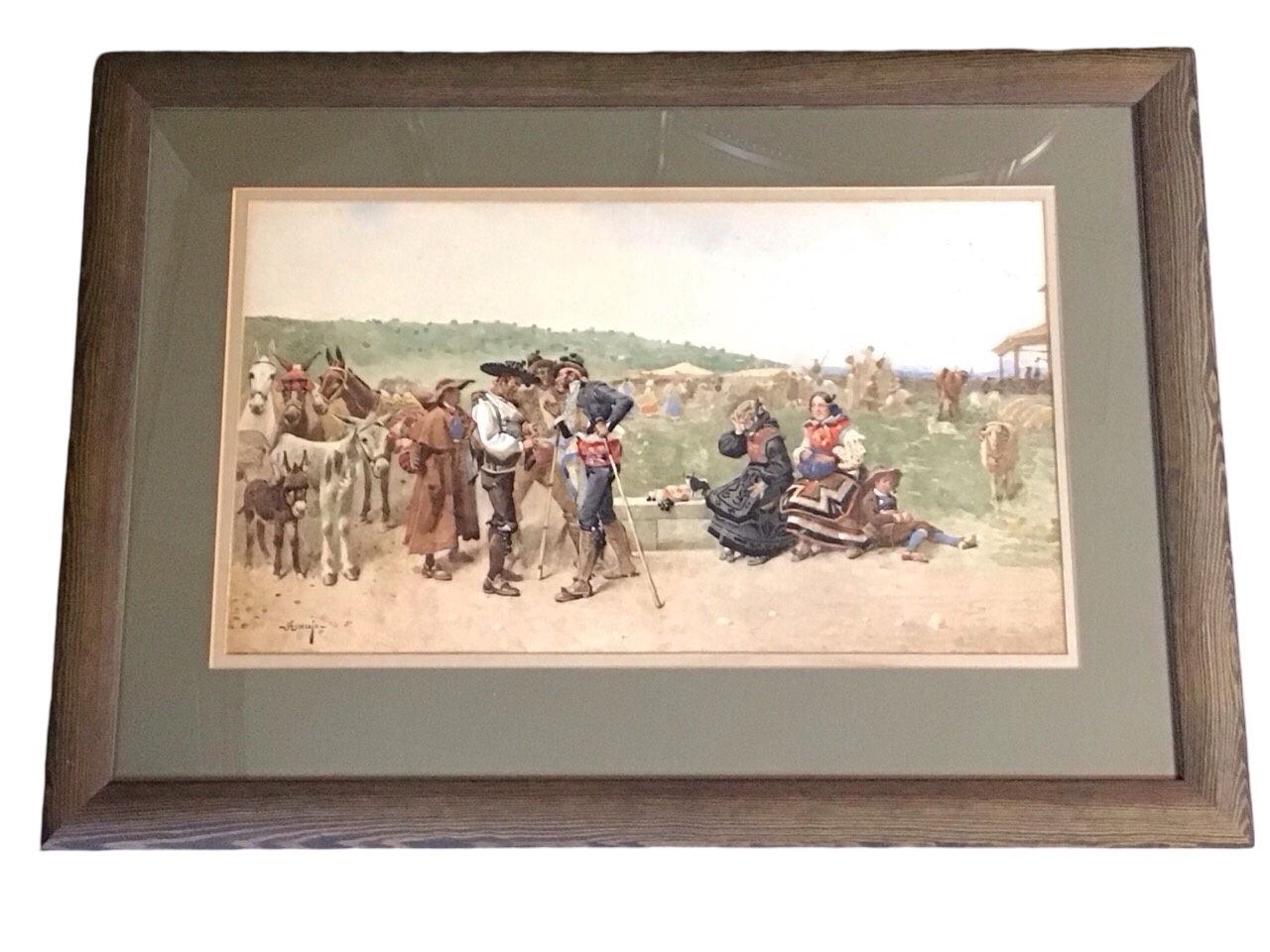 Joaquin Araujo Y Ruano, C19th watercolour, a scene of Spanish muleteers, women and a child in