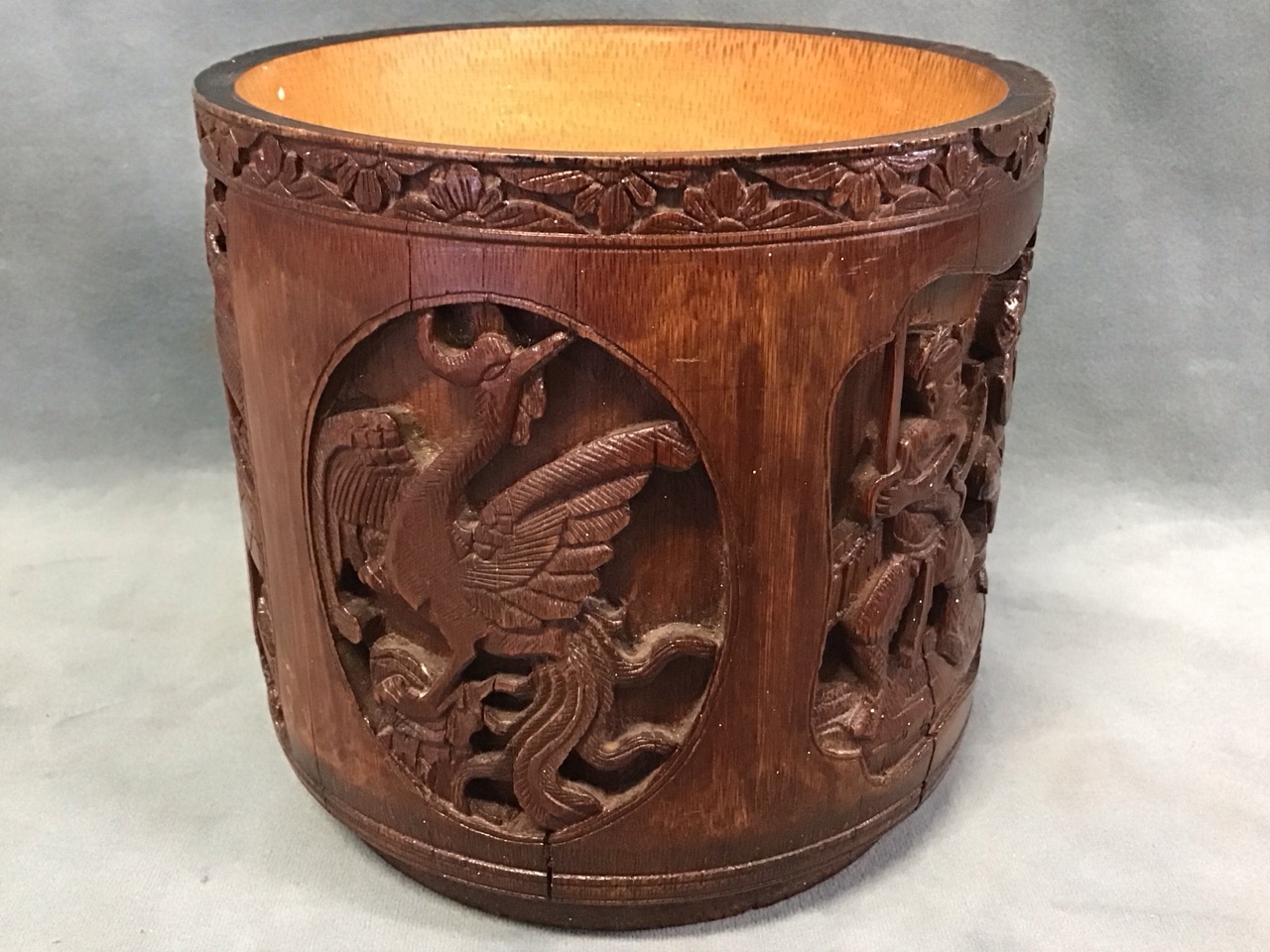 A C19th Chinese bamboo brush pot carved with panels of phoenixes, warriors and courtly figures in - Image 2 of 3