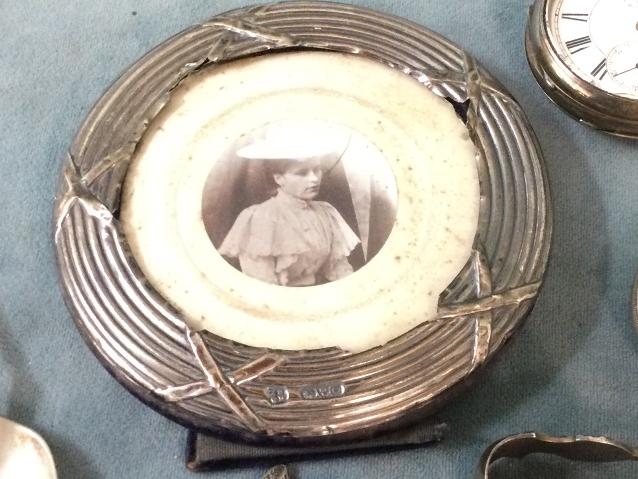 A Chester hallmarked silver circular ribbed photo frame on easel stand; a Victorian Birmingham - Image 2 of 3