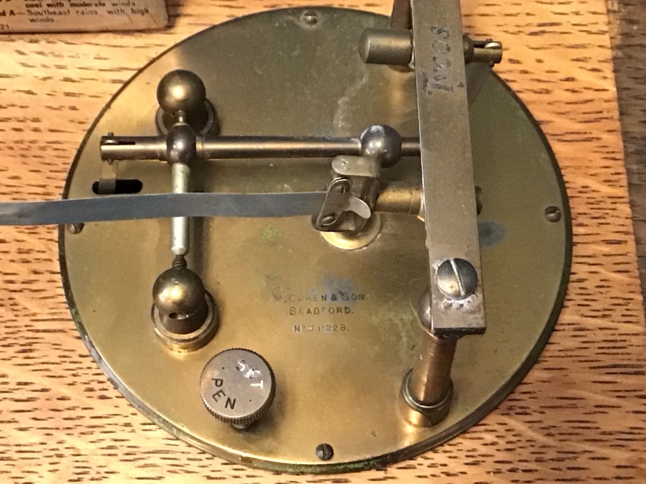 An oak cased brass barograph by M Cohen & Son of Bradford, with rectangular glazed cover on a - Image 3 of 3