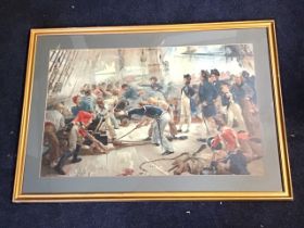 A Victorian chromolithograph after WH Overend, depicting Lord Nelson on deck in battle surrounded by