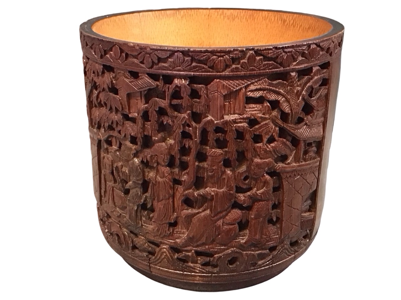 A C19th Chinese bamboo brush pot carved with panels of phoenixes, warriors and courtly figures in
