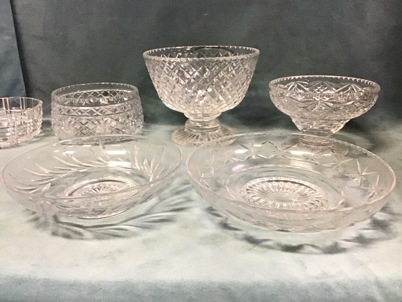 Miscellaneous cut glass bowls - two Stuart shallow footed, a Stuart pedestal punch bowl, a Harbridge - Image 2 of 3