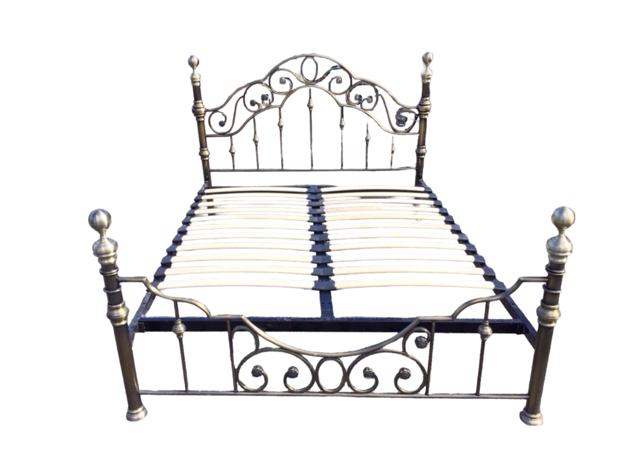 A Victorian style brushed brass double bed with arched scrolled headboard above spindles, the - Image 2 of 3