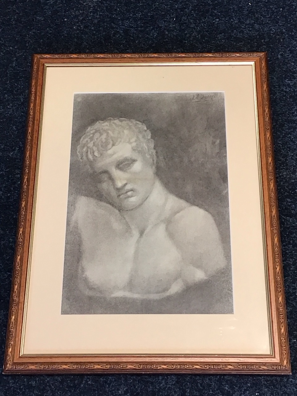JR Forsyth, charcoal drawing of a marble bust of Apollo, signed, mounted & framed. (11in x 16.5)