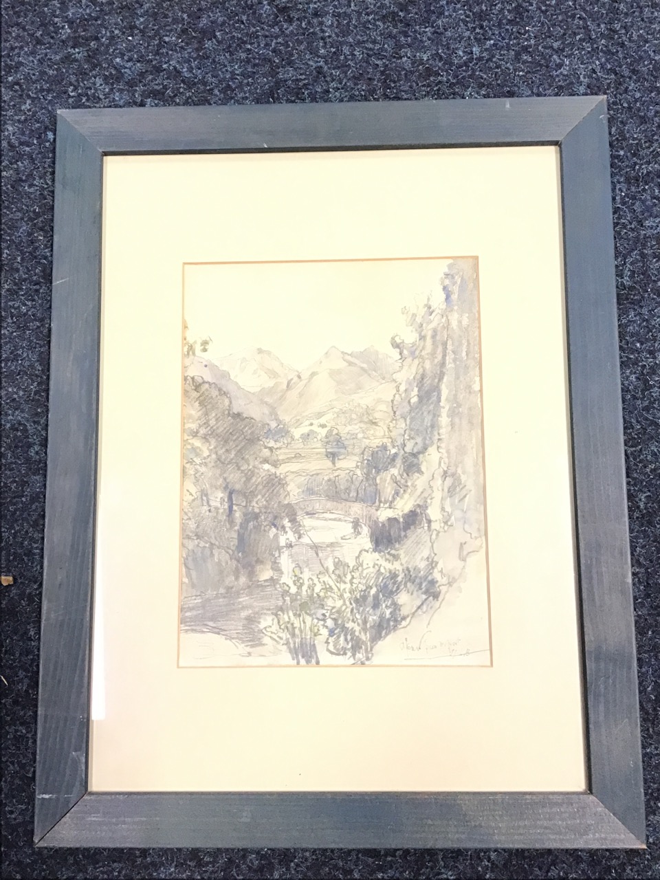 Samuel Lamorna Birch, pencil and watercolour wash, study for a ravine landscape with bridge,