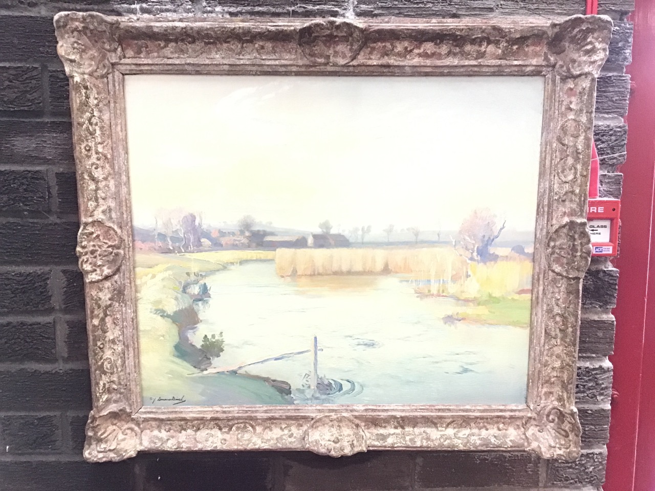 Samuel Lamorna Birch, oil on canvas, river landscape with distant farm, inscribed to label verso