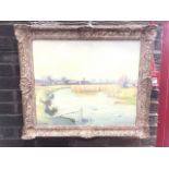 Samuel Lamorna Birch, oil on canvas, river landscape with distant farm, inscribed to label verso