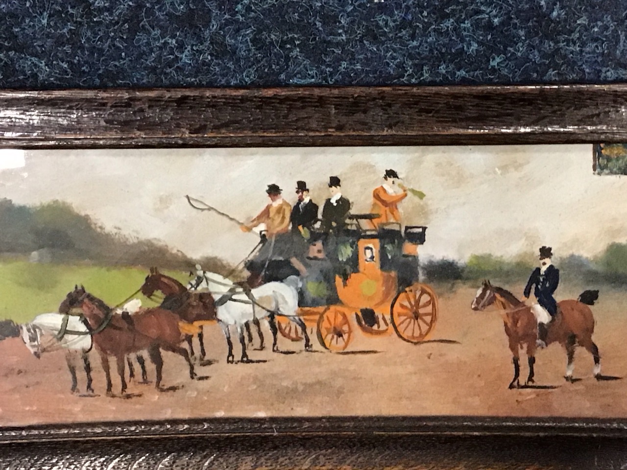 Philip Henry Rideout, oil on card, a stagecoach and rider outside a timbered inn, oak framed. (11. - Image 3 of 3