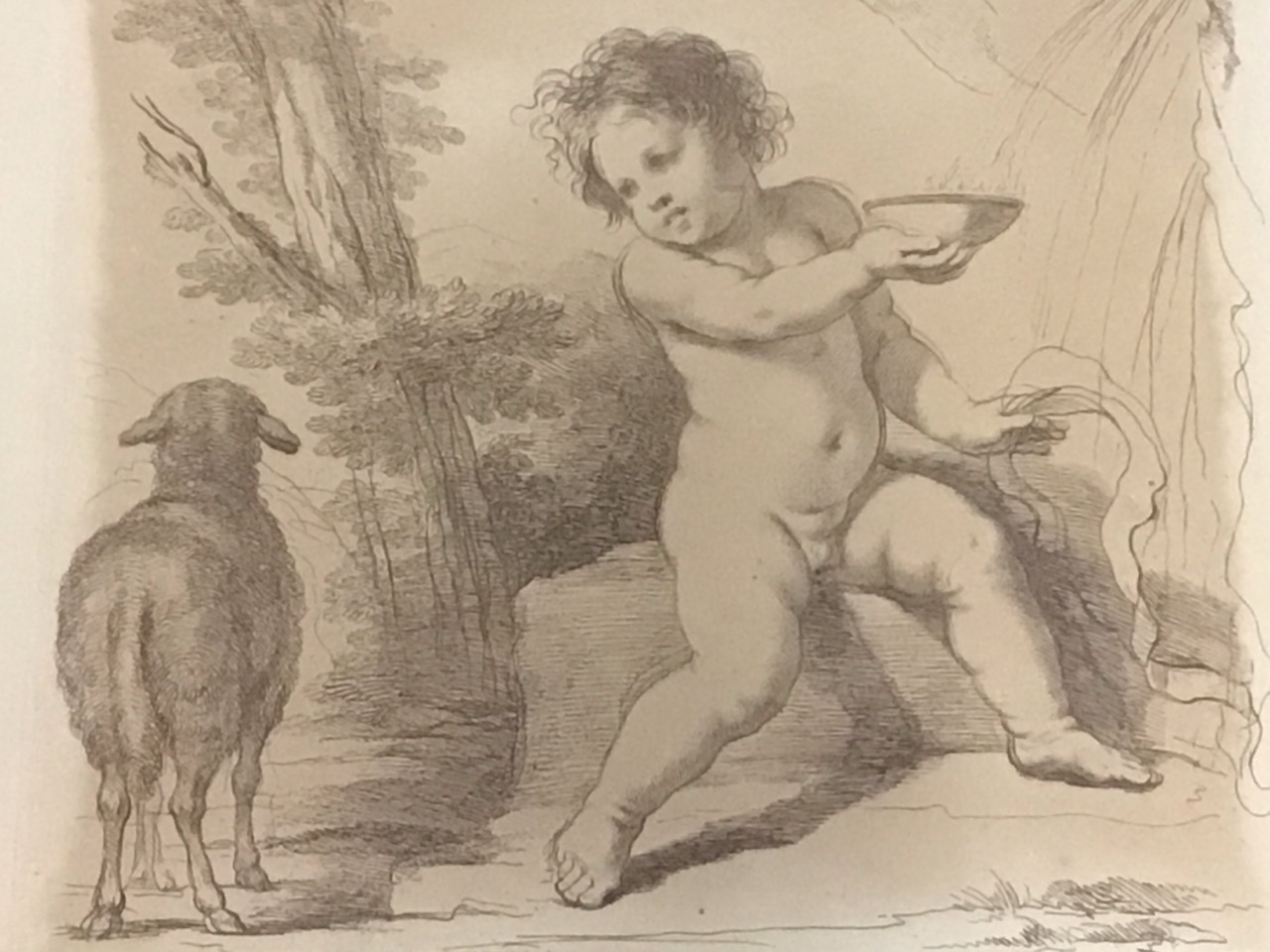 Francesco Bartolozzi, after Guercino, etching & engraving, a boy with lamb by spring in landscape, - Image 2 of 3