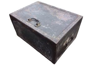 A Victorian tin strongbox of riveted panelled construction having brass lock. (20.75in)