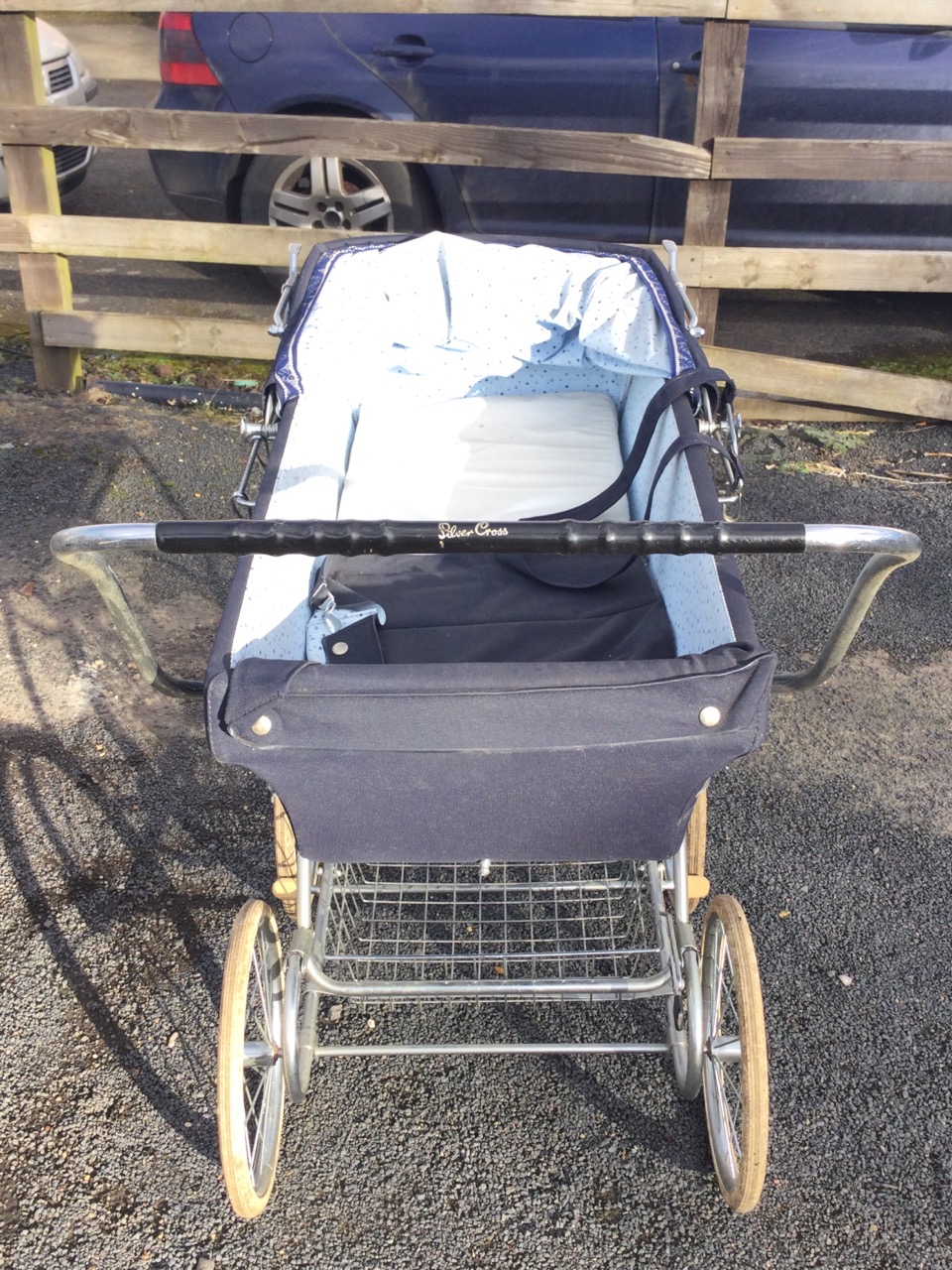 A Silver Cross pram, the detachable canvas body and folding hood with chromed fittings, on a tubular - Image 2 of 3