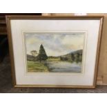 Rob Gordon, watercolour, river landscape with trees, signed, dated, mounted & framed. (14in x 10.
