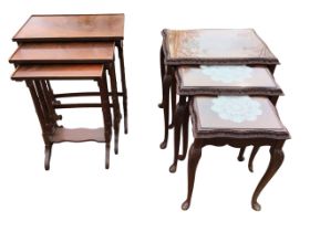 A mahogany nest of three rectangular tray-top tables, each with six ringed turned legs on shaped