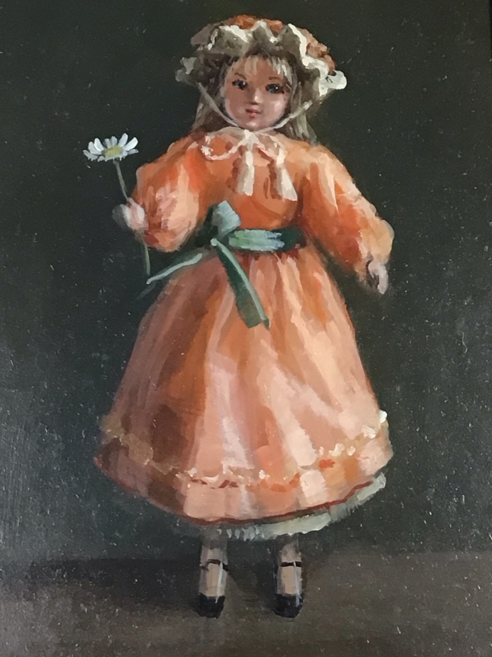 Deborah Jones, oil on board, a Victorian doll holding a daisy, signed, titled Amanda on gallery - Image 3 of 3