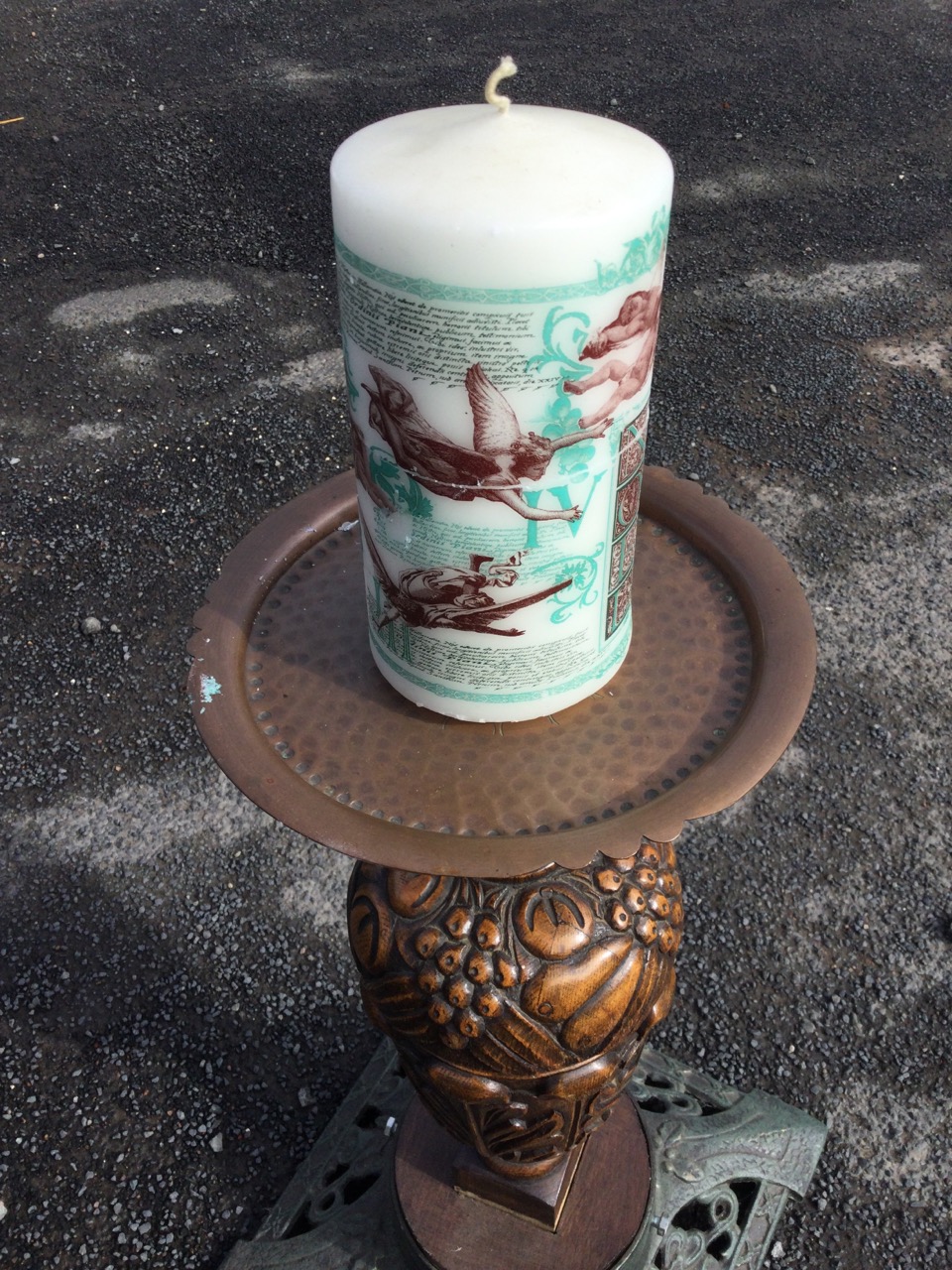 An oak acanthus carved candlestand with copper tray top on column carved with fruit, the cast iron - Image 3 of 3