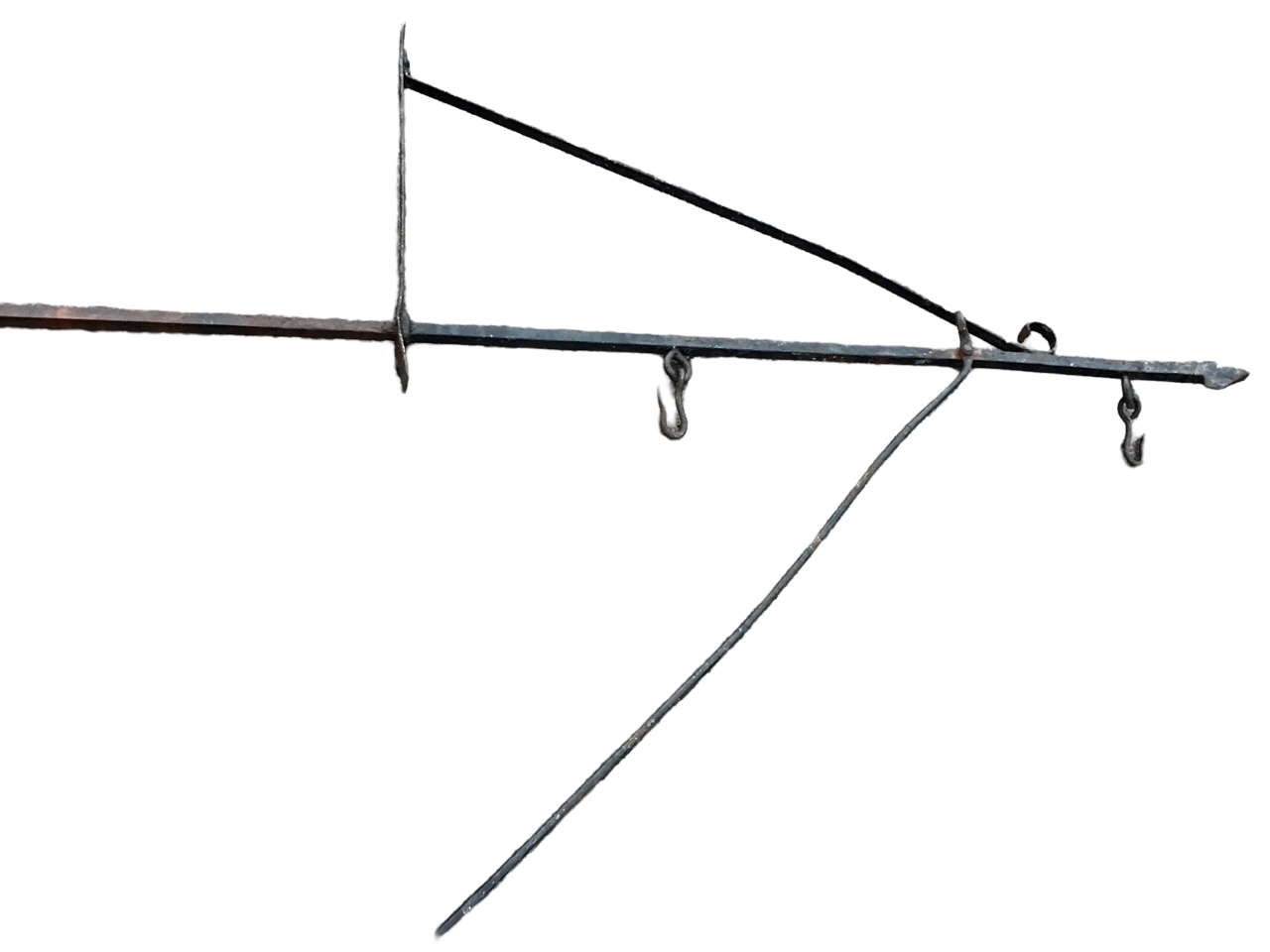 A Victorian wrought iron hanging sign bracket, the square bar with spear terminal suspending twin