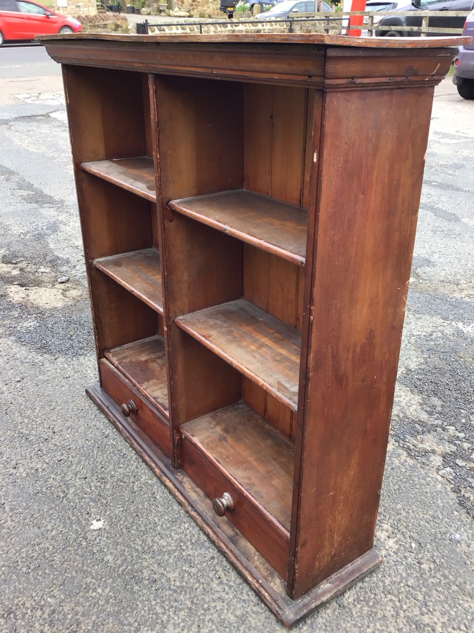 A Victorian mahogany bookcase with moulded cornice above open shelves and tongue & grooved back, the - Image 3 of 3