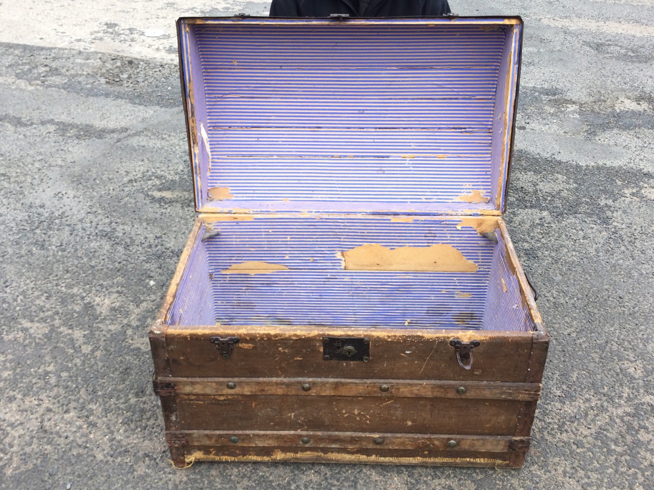 A domed top seamans chest with studded battens and iron mounts, having carriage handles to ends. ( - Image 2 of 3