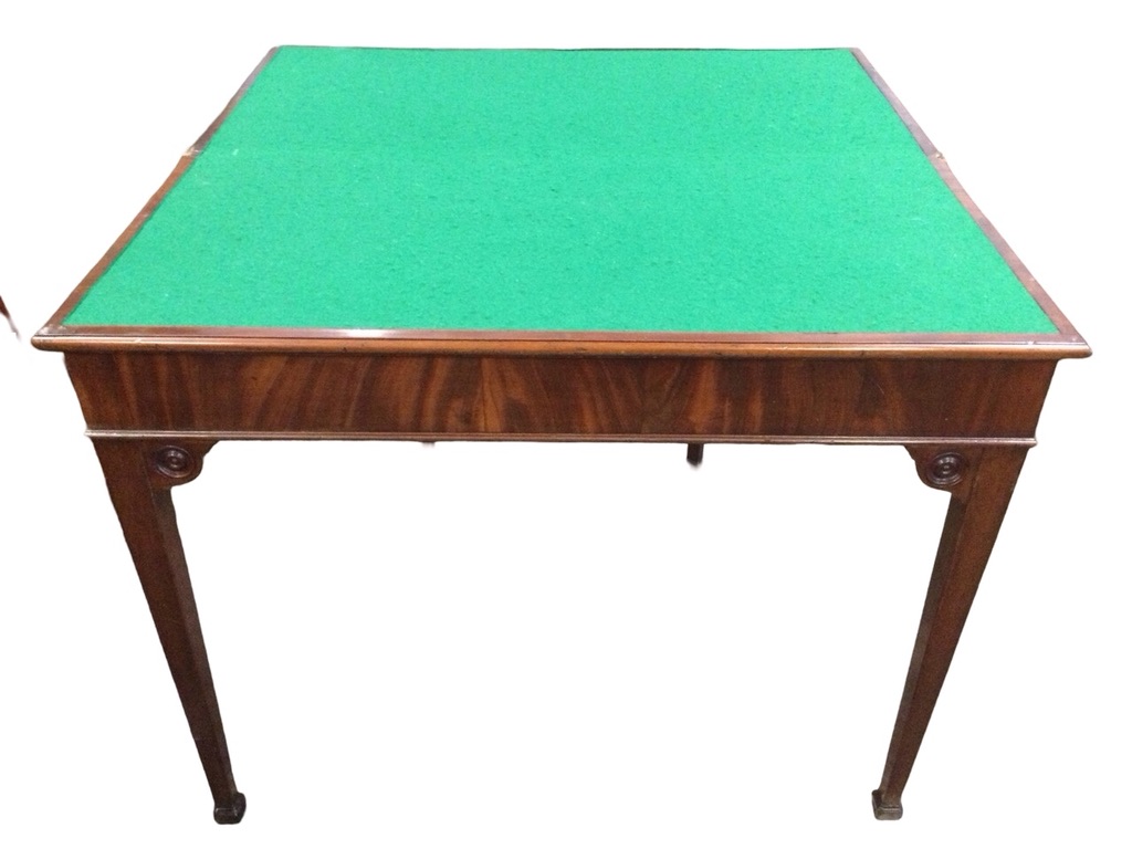 A Georgian mahogany fold-over card table with moulded rectangular top on swing legs enclosing a - Image 2 of 3